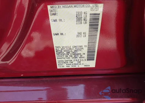 2013 Nissan Altima 2.5 S z USA, uszkodzony, nr VIN 1N4AL3AP5DC292313